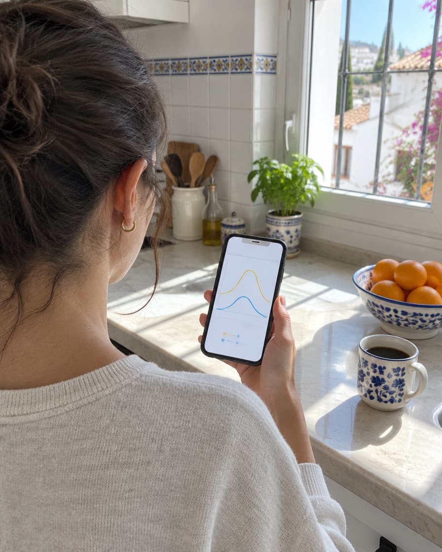 Mujer de espaldas en una cocina mediterránea mirando en el móvil un gráfico de producción solar