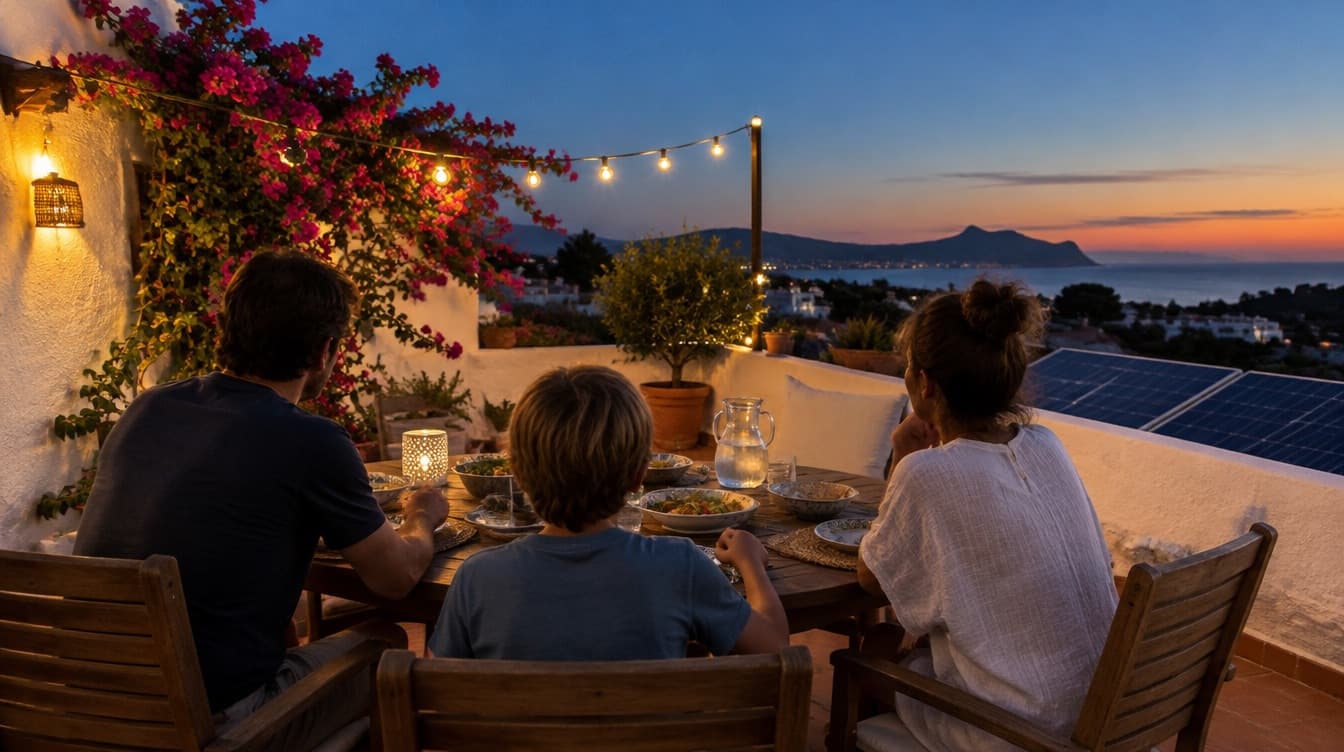 Familia cenando al anochecer en la terraza de una casa con placas solares, cerca de Alicante
